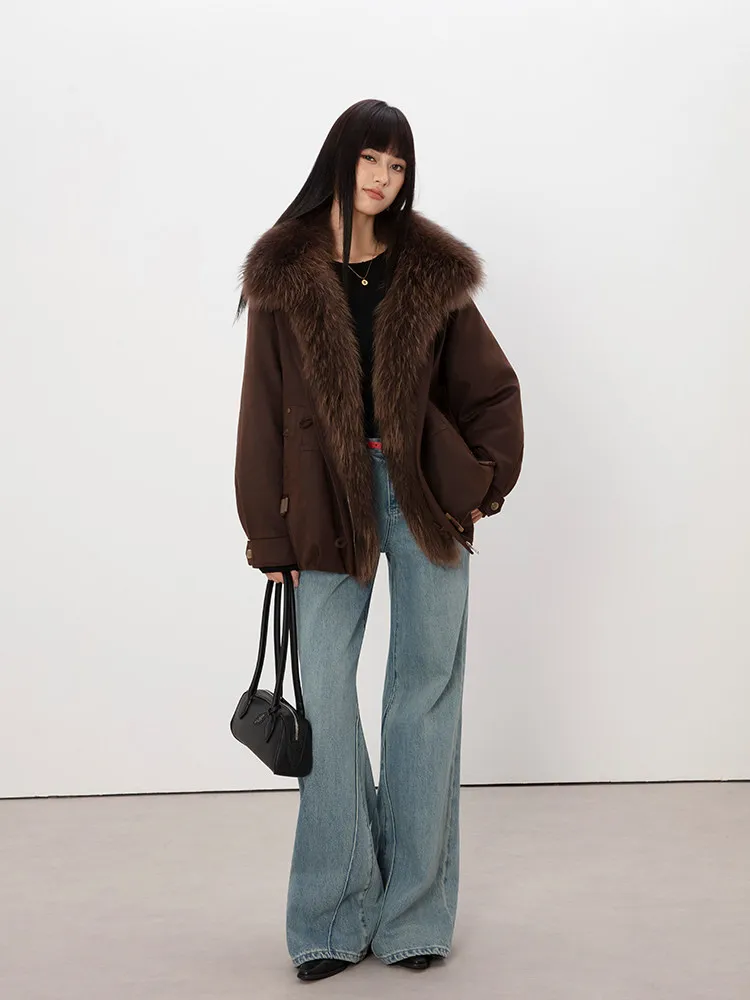 Puffer Jacket Lightweight Warm with Natural Fur Trim Winter Down Coat Oversized Outerwear for Travel Daily Wear and Casual Style