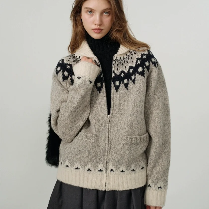 

TheBarnet Autumn 2025 Vintage Nordic Sle Fair Isle Color Blo Zipper Open Cardigan Sweater Long Sve Commute Faion
