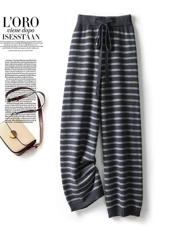 100% Merino Wool Knitted Wide Leg Pants Women's Autumn Winter Thickened Drape Soft Straight Long Trousers Casual High Waist