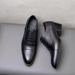 5 Cm High Heels Mens Leather Shoes Luxury Genuine Leather Brand Handmade Black Formal Business Party Social Shoes 2024 New Style