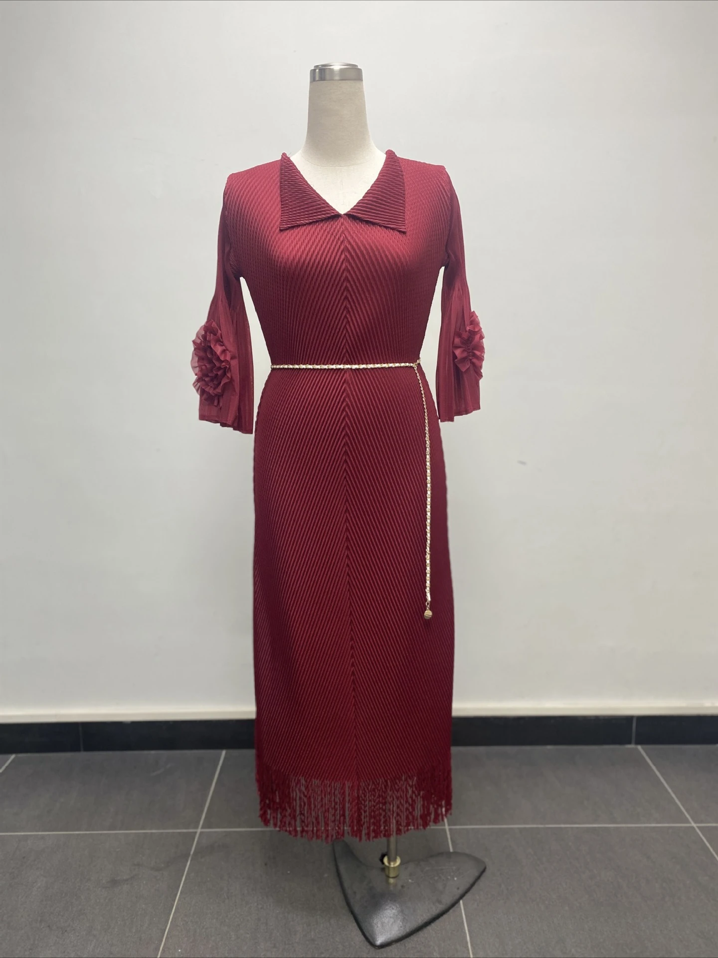 ANLAN Pleated 3D Flowers Tassel Dress Women Lapel Lace-up A Line Elegant New 2025 Loose Fashion Wedding Party Female Clothing