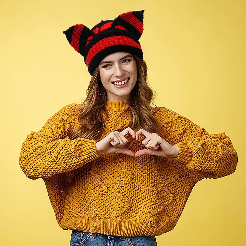 Women Cat Ear Knit Hat Little Devil Striped Knitted Hat Autumn Winter Thicken Warm Beanie Cap Harajuku Soft Crochet Basin Cap