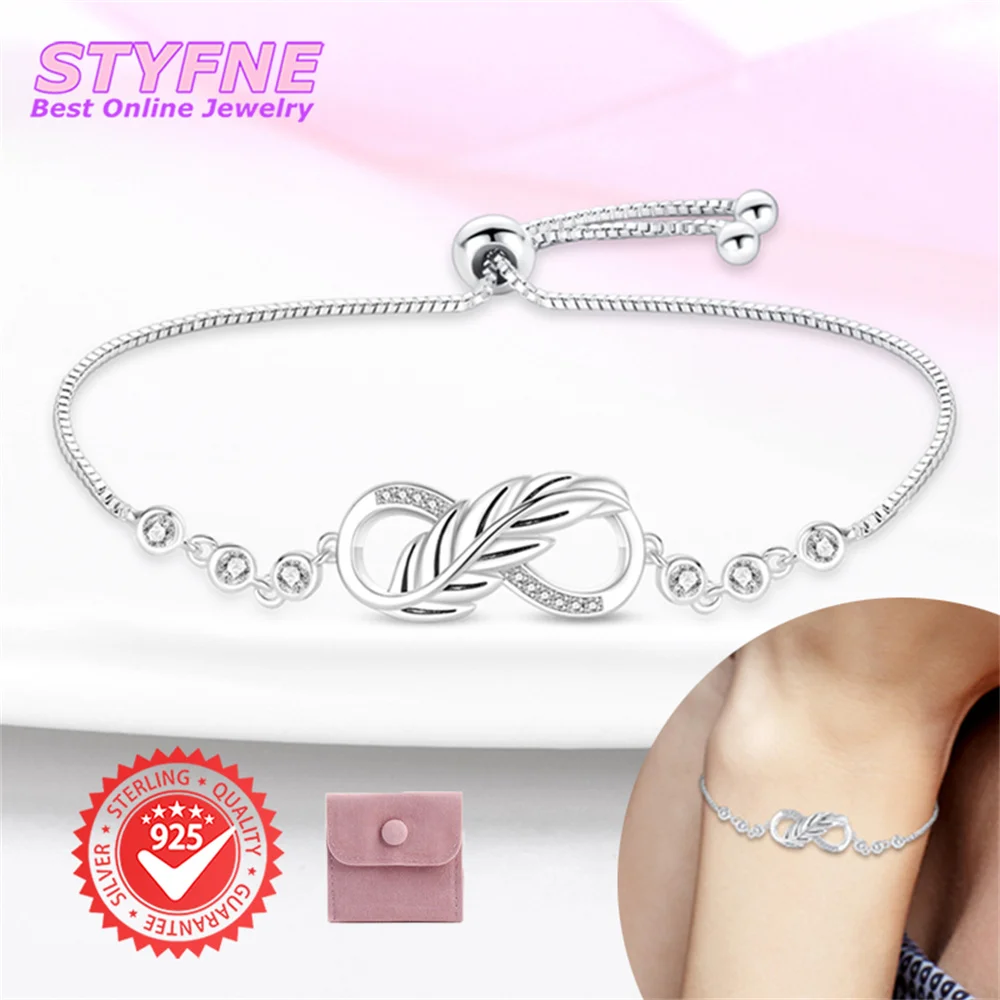 Women S925 Sterling Silver Lucky Geometry Feather Bracelet Adjustable Bracelet Jewelry Anniversary Birthday Gifts for Wife Girls