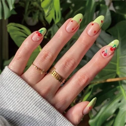 24pcs/set French Green Edge Wearing False Nails Red Diamonds Small Cherry Full Coverage Press on Nails Acrylic Fake Nails Art