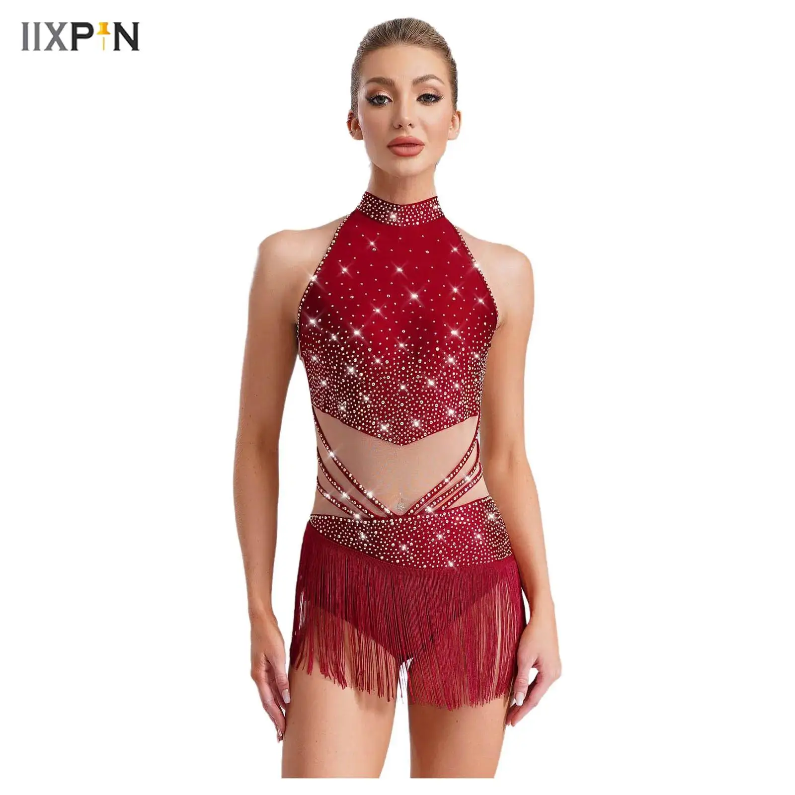 

Women's Latin Dance Leotard Dress Sleeveless Mock Neck Patchwork Rhinestones Tassels Adorned Leotard for Gymnastics Competition