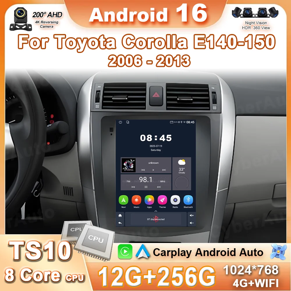9.7 "Android 16 Per Toyota Corolla E140-150 2006 - 2013 4G GPS Auto Radio di Navigazione Multimediale Senza Fili Carplay Schermo Stereo DVD