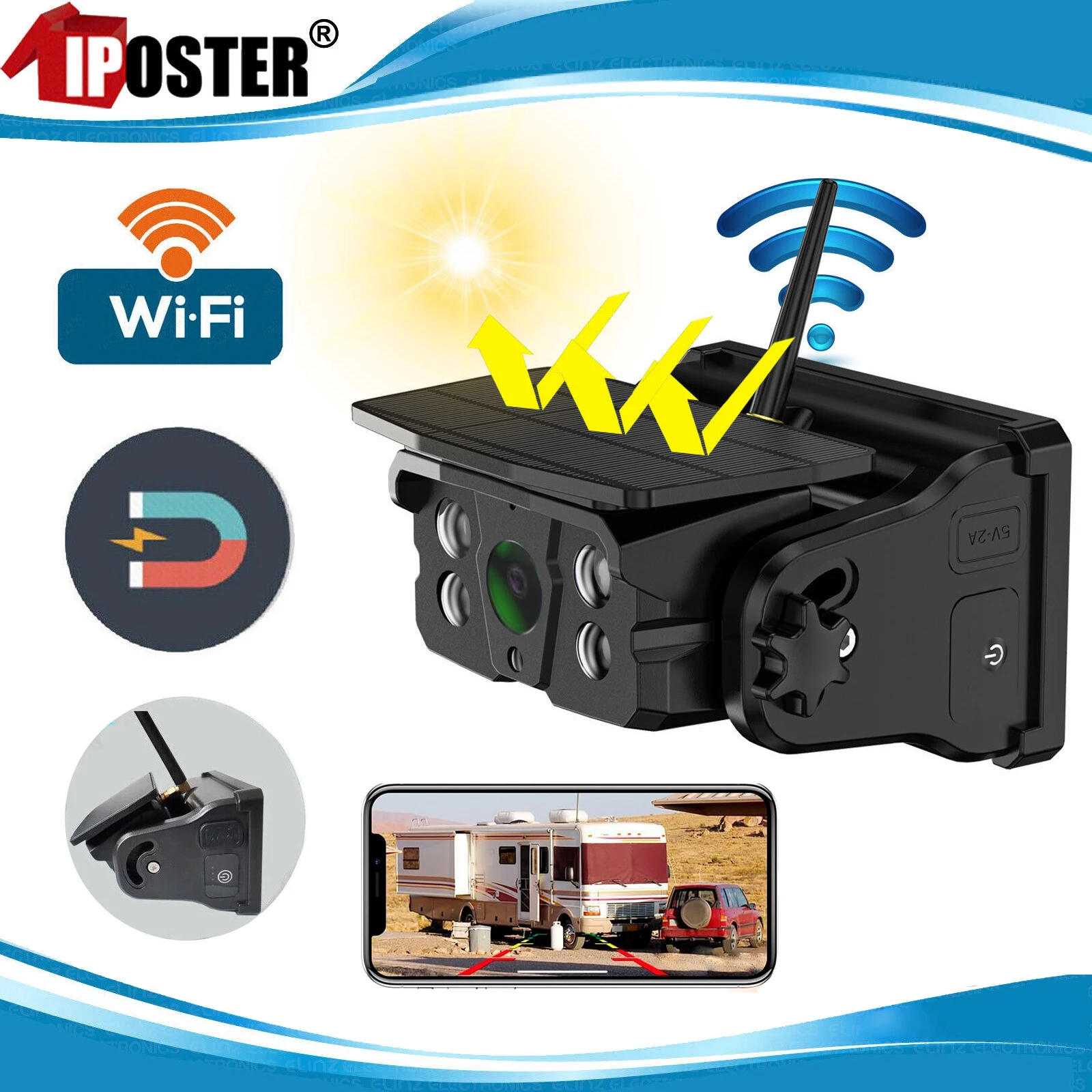 Telecamera Posteriore Solare Wireless WiFi 1080P Con Visione Notturna E Impermeabilità IP68 Per Auto