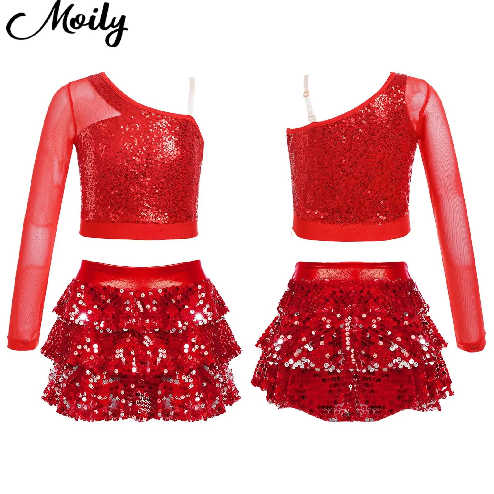 

Kids Girls Jazz Hip-hop Street Dance Performance Outfit Sparkly Sequins One Shoulder Crop Top with Skirted Shorts Culottes Set