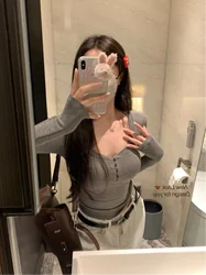 Slim Fit Long Sleeve U-Neck T-Shirt Women's Autumn Winter New Style Short Crop Top Inner Wear Base Shirt Sweet Spicy Girl