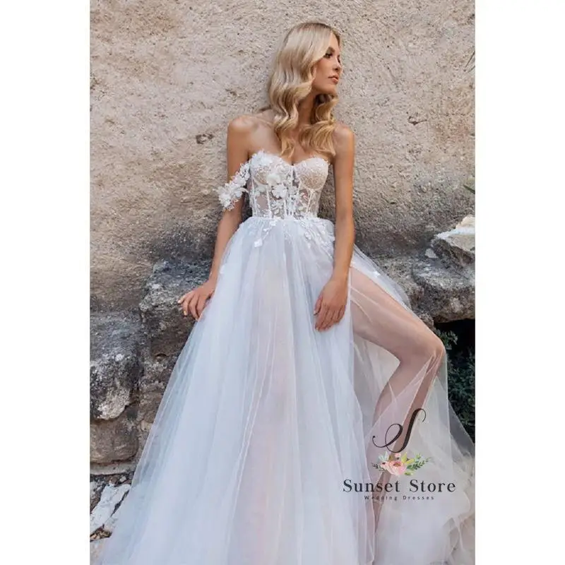 Customized    A-line Wedding Dress Strapless Back Zipper High Slit Bride Long Gown 2024 Off Shoulder Applique Tulle Train Robe D