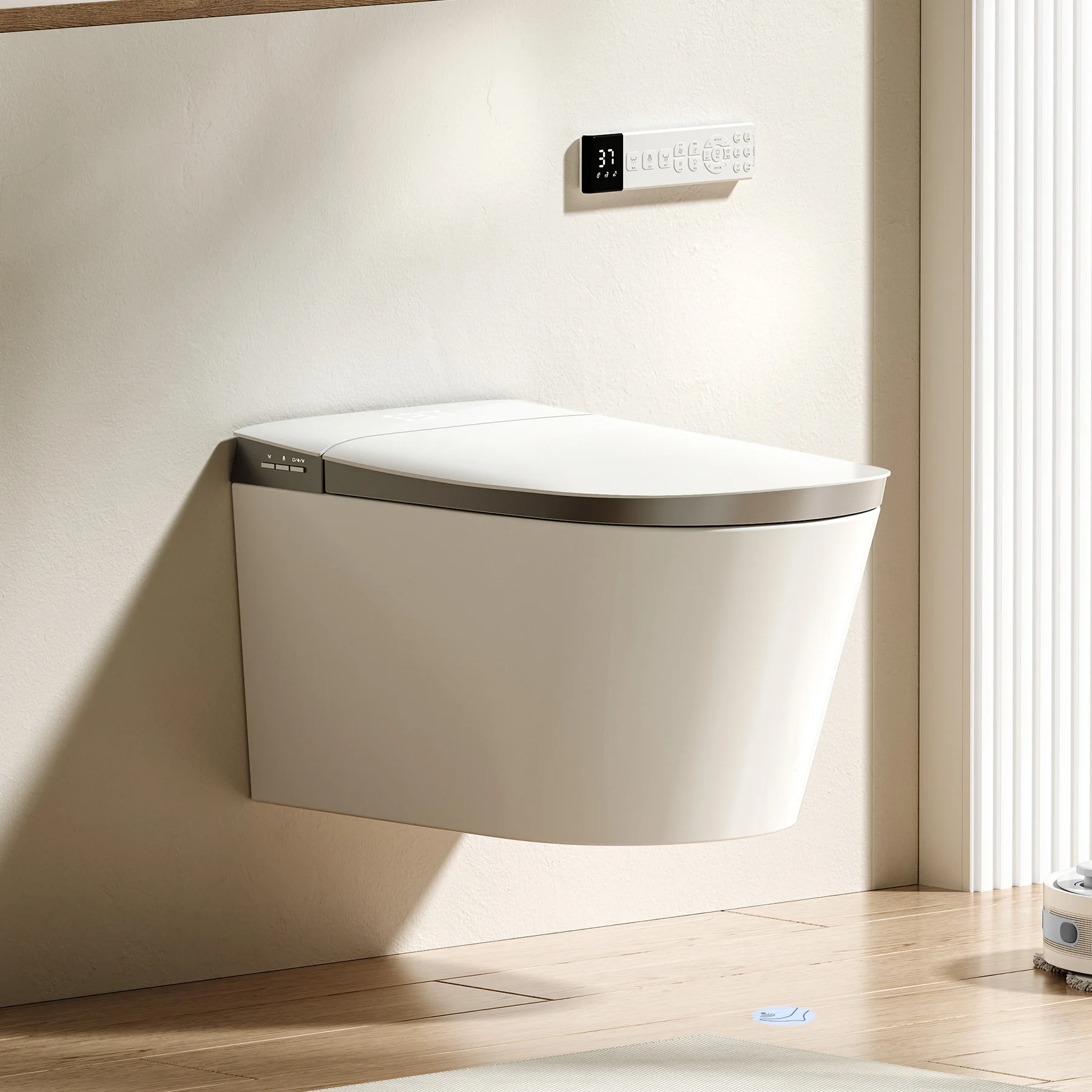 

Grey Automatic Operation Wall Hung Smart Toilet Elongated Remote Control Included Intelligent WC Built-in Water Tank S-trap