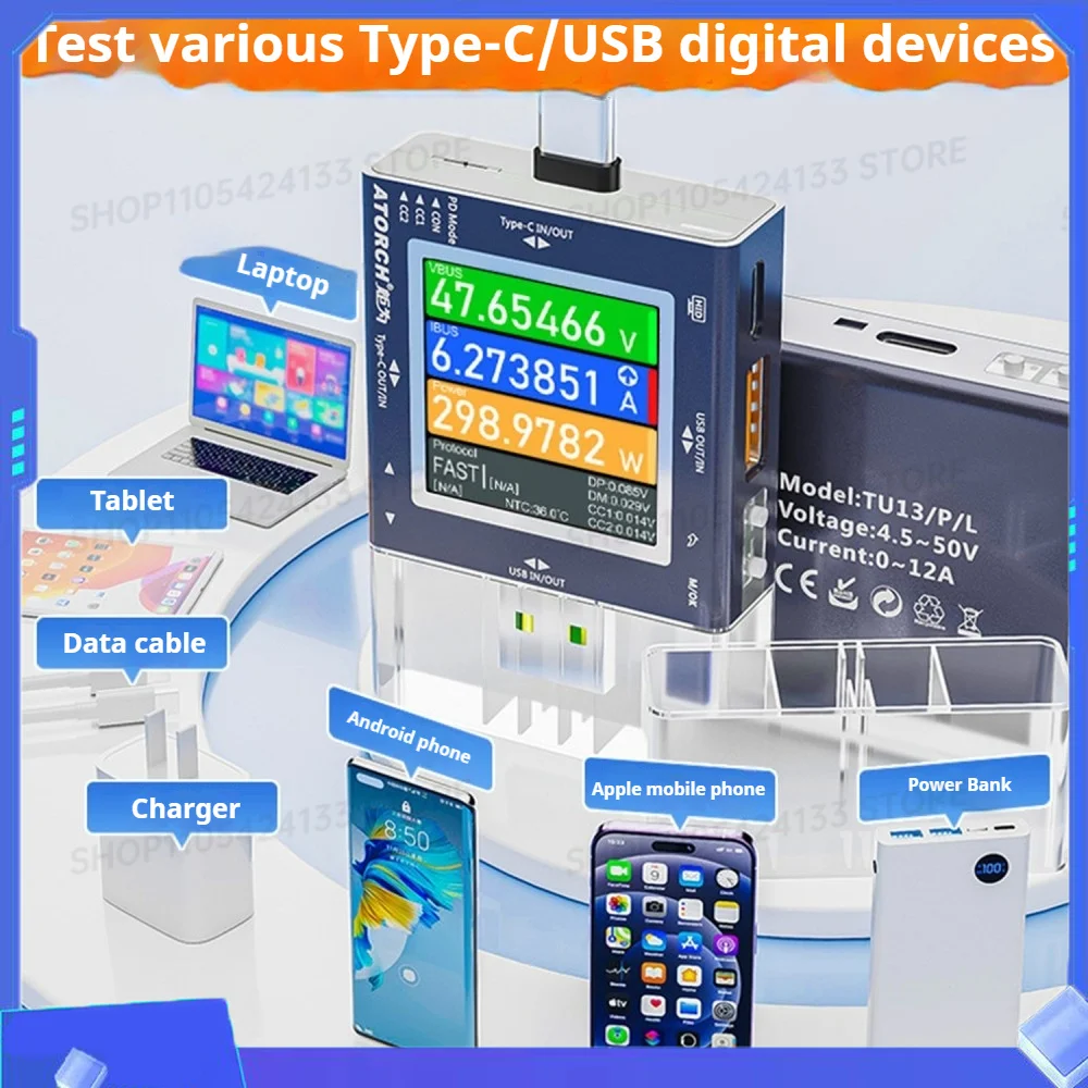TU13 DC0-50V 6.5A Mobile Phone Charger Capacity Monitor USB+Type-C Voltage Current Meter Power Tester PD Fast Charging Protocol
