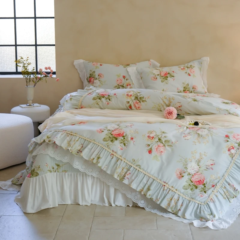 AI WINSURE-French Flower Cotton Bedding Set for Women, Lace Quilted Bedspread, Soft Cover, Printed Bed Cover, Queen, King, 4 PCs