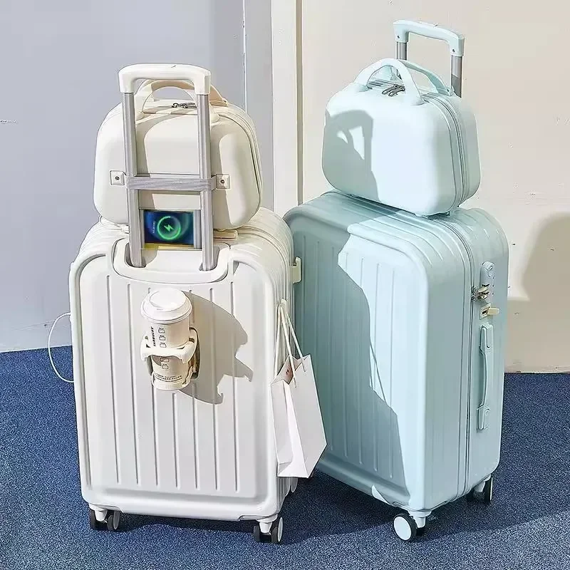 2024 New Combination Suitcase USB Charging Port with Cup Holder Large Capacity Trolley Case Travel Luggage Rugged Lockbox