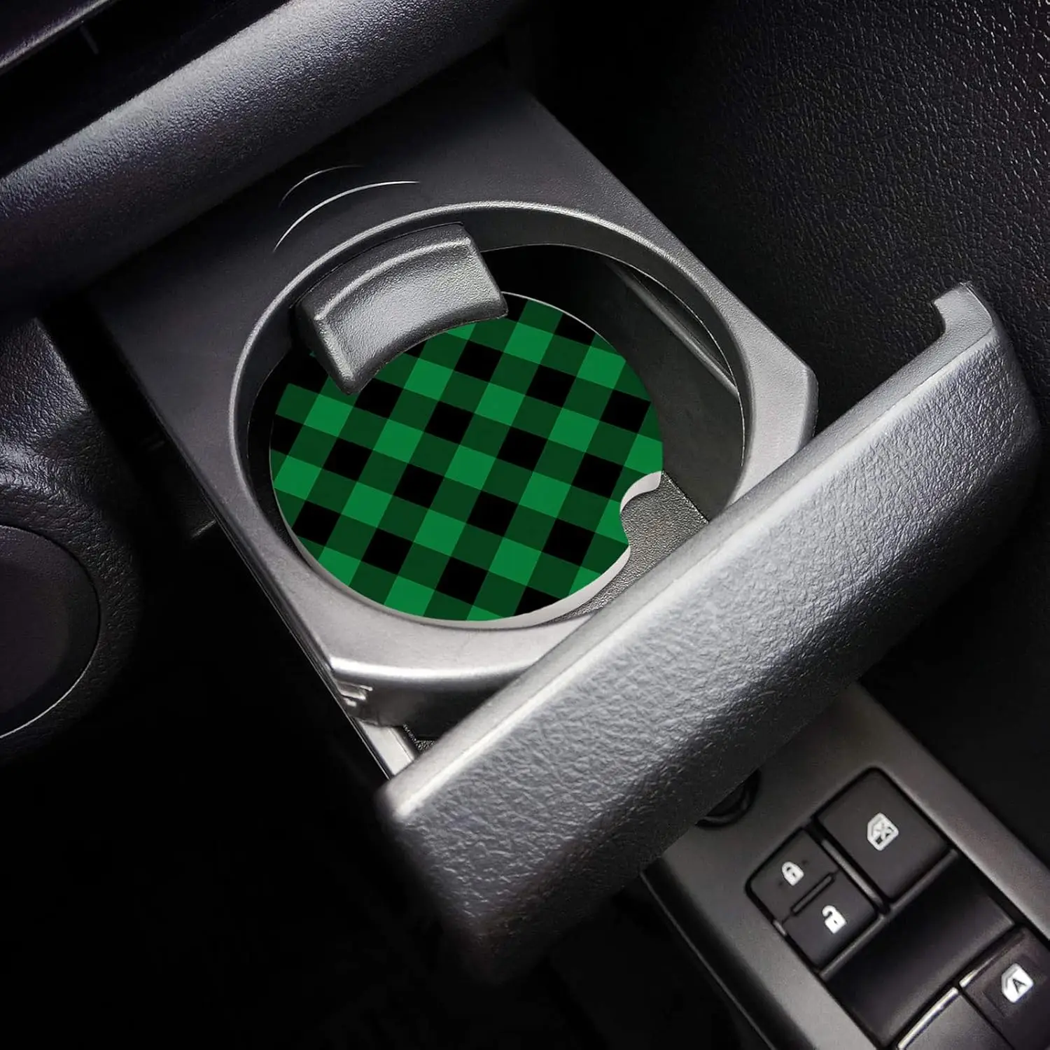 Absorbent Car Coasters for Cup Holders 2PCS, St. Patrick's Day Lucky Green Black Plaid Non-Slip Car Drink Coaster, Buffalo