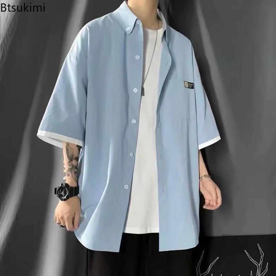 2026 Men's Patchwork Fake Two-piece Casual Shirts Fashion Harajuku Korean Style Half Sleeve Loose Shirt Coats Male Handsome Tops