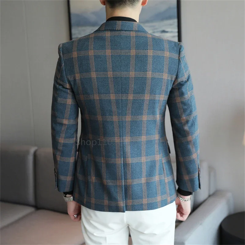 Men\'s Blazer British\'s Style Casual Slim Fit Suit Jacket Male Plaid Blazers Single Button Men Coat Terno Masculino