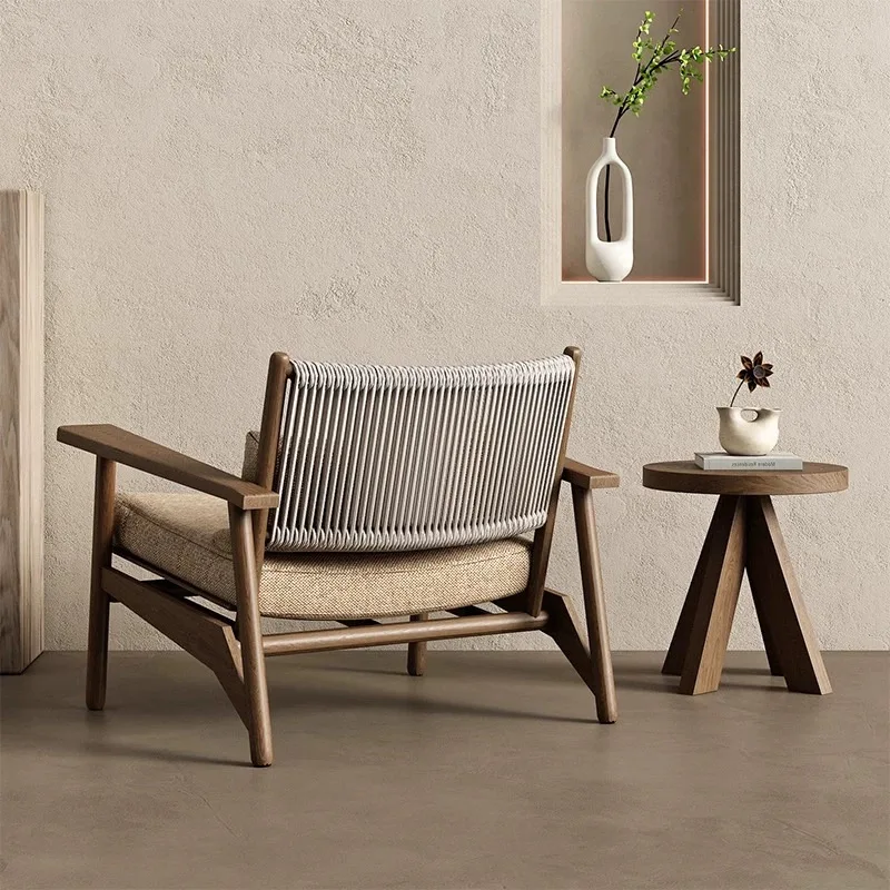 Light Luxury Rattan Outdoor Sofa Chair Single Balcony Wabi Sandy Wind Solid Wood Sofa Coffee Table Combination