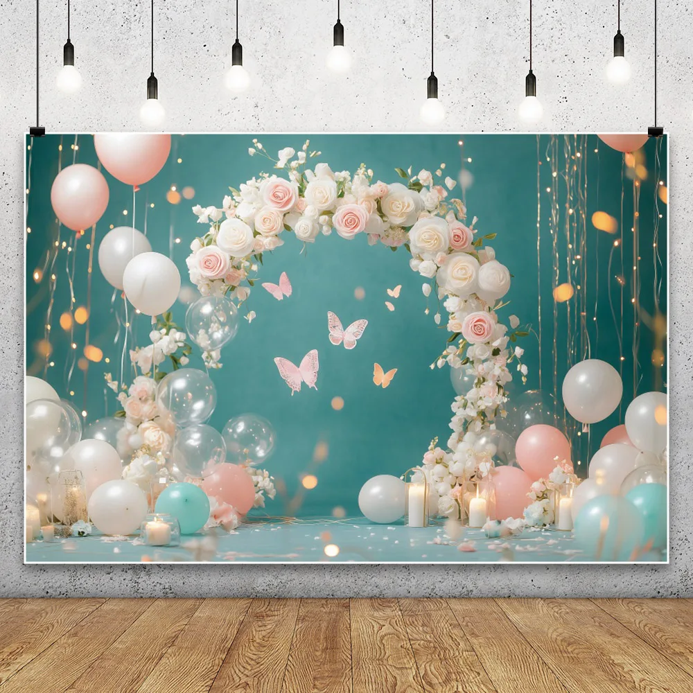 ลูกโป่งสีชมพูสีฟ้าฉากหลังวันเกิด1st เด็กทารกของขวัญรูปผีเสื้อพื้นหลังภาพเหมือนสำหรับถ่ายภาพในสตูดิโอถ่ายภาพ