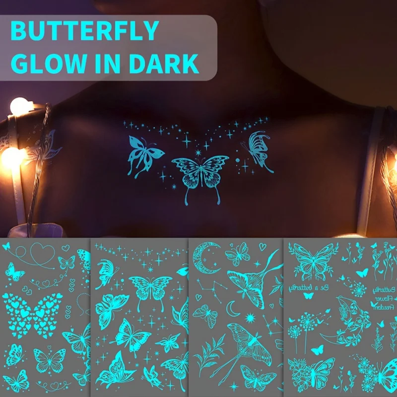 6 Zhang Blue Luminous Butterfly Tattoo Sticker，Glow in the Dark，Waterproof Temporary Tattoo Sticker for Music Festival Party