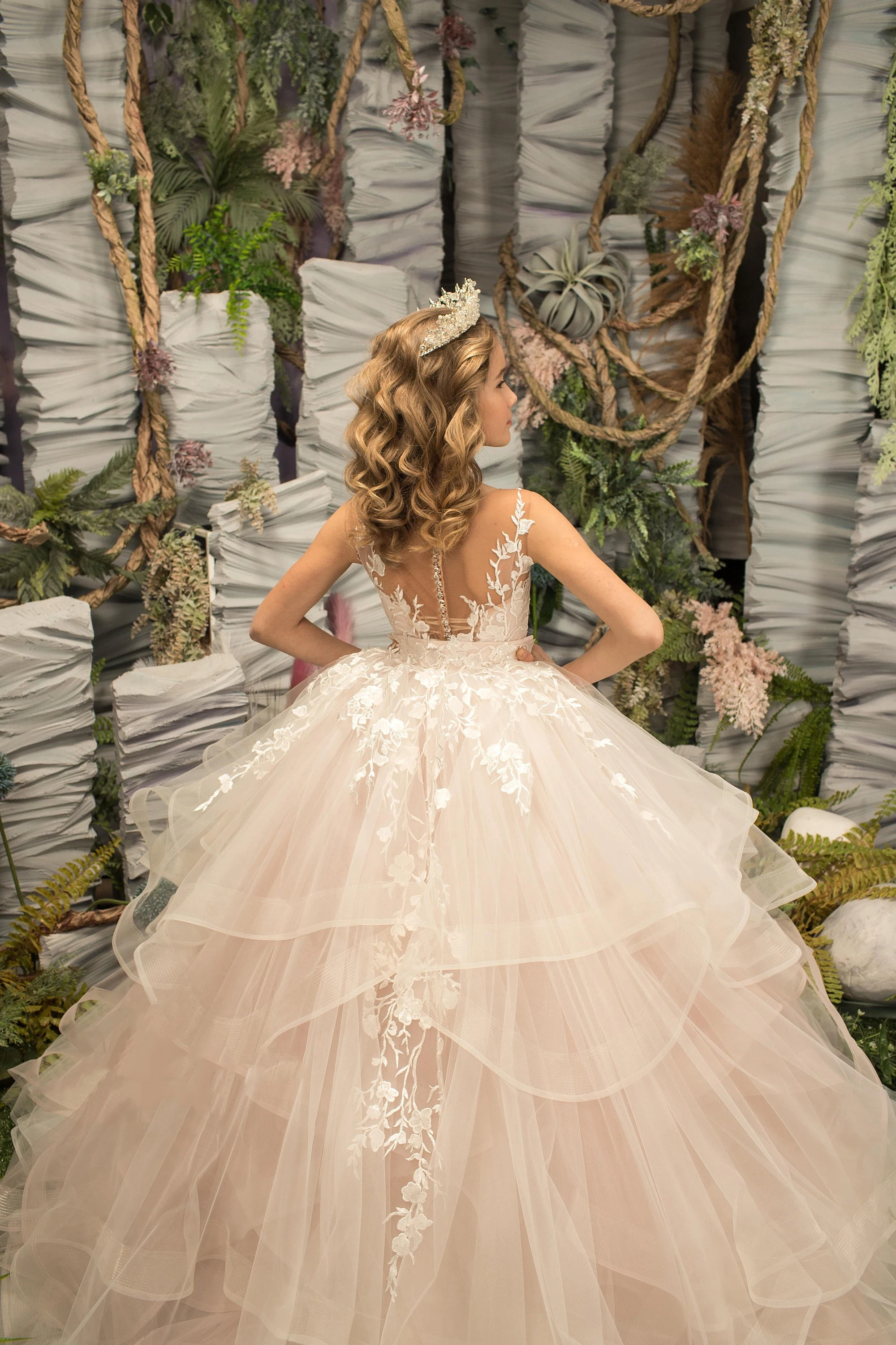 Vestido floral personalizado para casamento, tule, apliques inchados, comprimento até o chão, princesa, festa de aniversário infantil, primeira comunhão, vestidos de baile