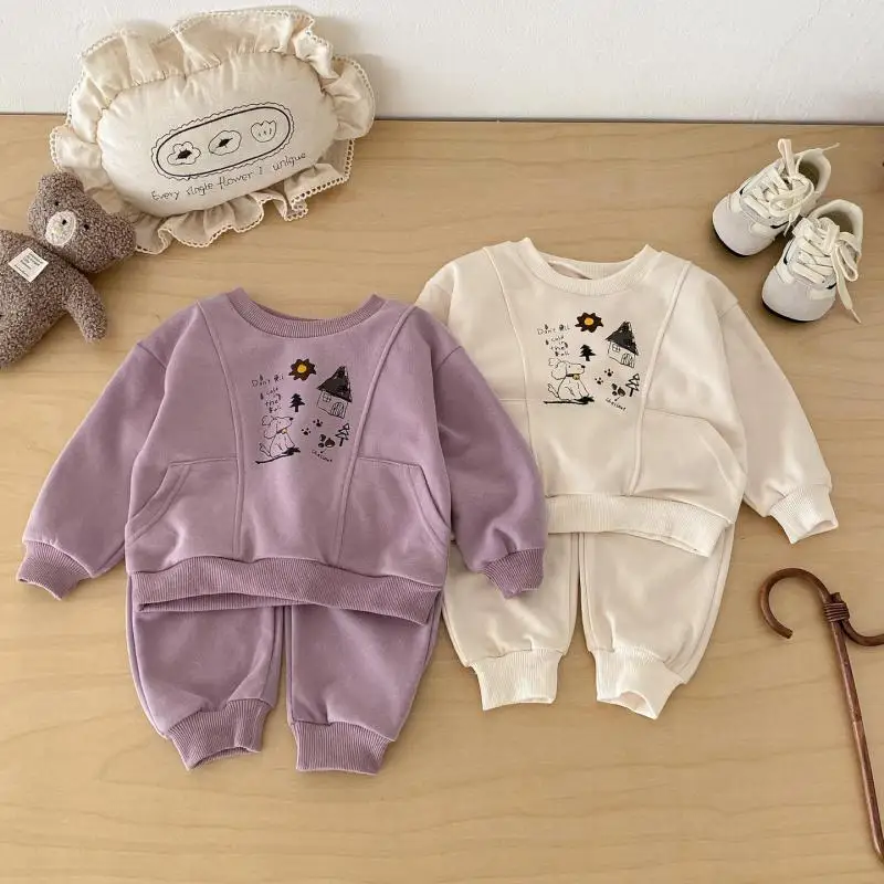

2026 Spring New Baby Long Sleeve Clothes Set Boys Girls Cartoon Print Sweatshirt + Pants 2pcs Suit Kids Toddler Casual Outfits