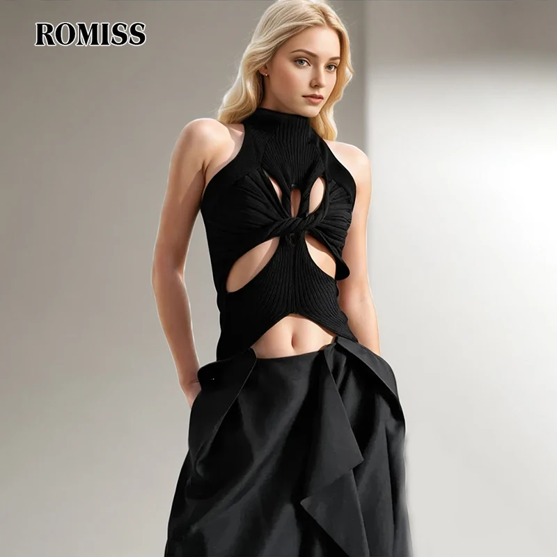 ROMISS Sexy Pure Color Cross -concluding Sleeveless Vest Ladies Round Neck Sleeveless Minimalist Knitted Hollow Vest Ladies