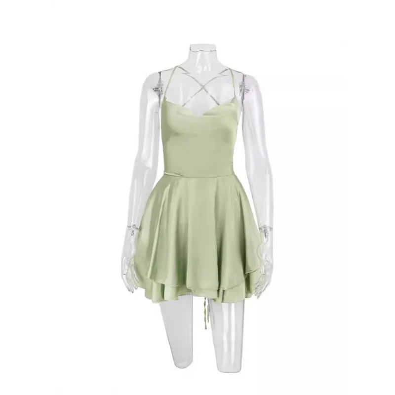 2025 ยุโรปและอเมริกาผู้หญิงสั้นฤดูร้อนใหม่ backless เซ็กซี่แฟชั่นซาติน cami ชุด