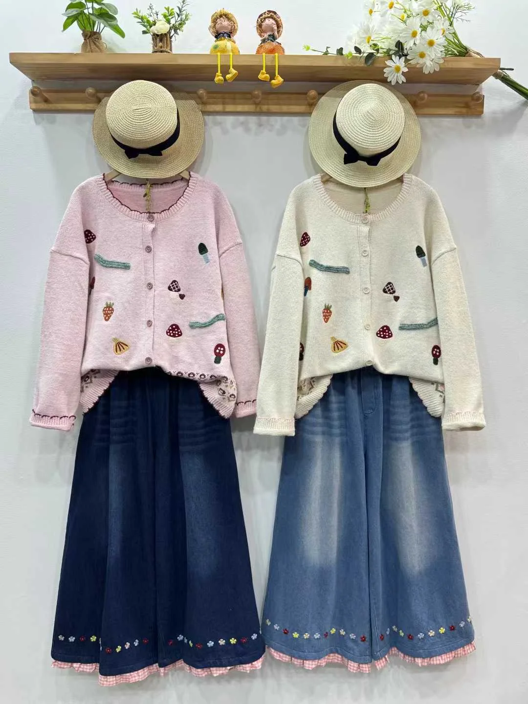 Enianechu Mori Girl Winter Sweater for Women Knitwear Japan Fashion Purple Pink Beige Cartoon Embroider Cardigan Outwear