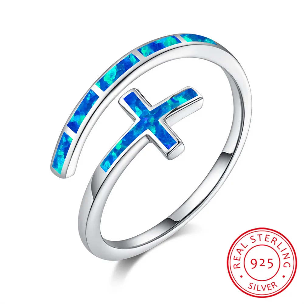 Classic Cross Blue Fire Opal Opening Rings For Women Real 925 Sterling Silver Wedding Band Jewelry