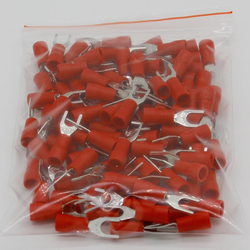 SV1.25-4 Red Furcate Fork Spade 22-16AWG Wire Crimp pressed terminals Cable Wire Connector 100PCS/Pack SV1-4 SV