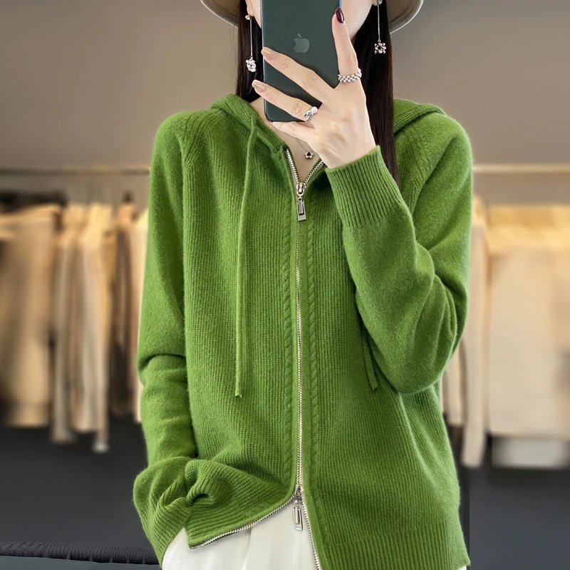 100% Merino wool sweater women hooded cardigan zipper long sleeve casual loose cashmere knit jacket Korean fashion top