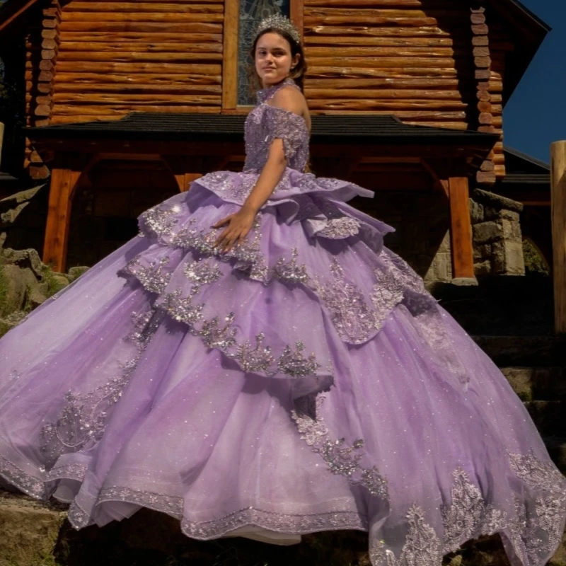 أرجواني فاتح لامع فساتين Quinceanera قبالة الكتف الترتر زين الدانتيل الديكور كريستال القوس تول مشد حفلة عيد ميلاد الحلو #2