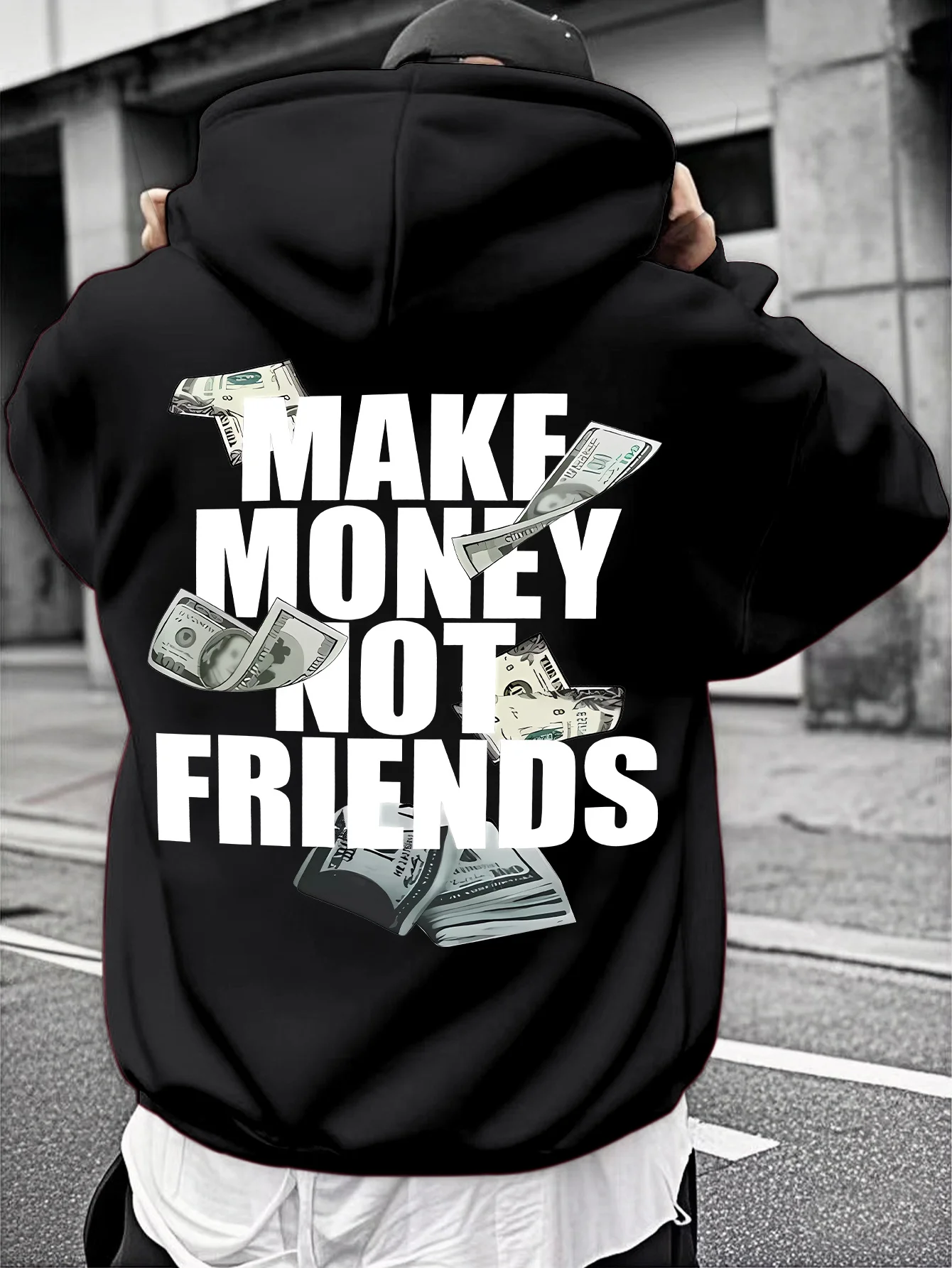 

Черная хлопковая толстовка с капюшоном для мужчин «Сделай деньги, а не друзья» с принтом «Летающий доллар», повседневный пуловер с длинными рукавами, уличная одежда