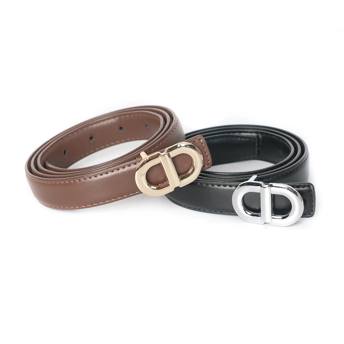 2pcs Women Thin Waist Belt Set Vintage Metal Buckle Faux Leather Waistband Elegant Decor Strap For Dress Blouse Outfit Accessori