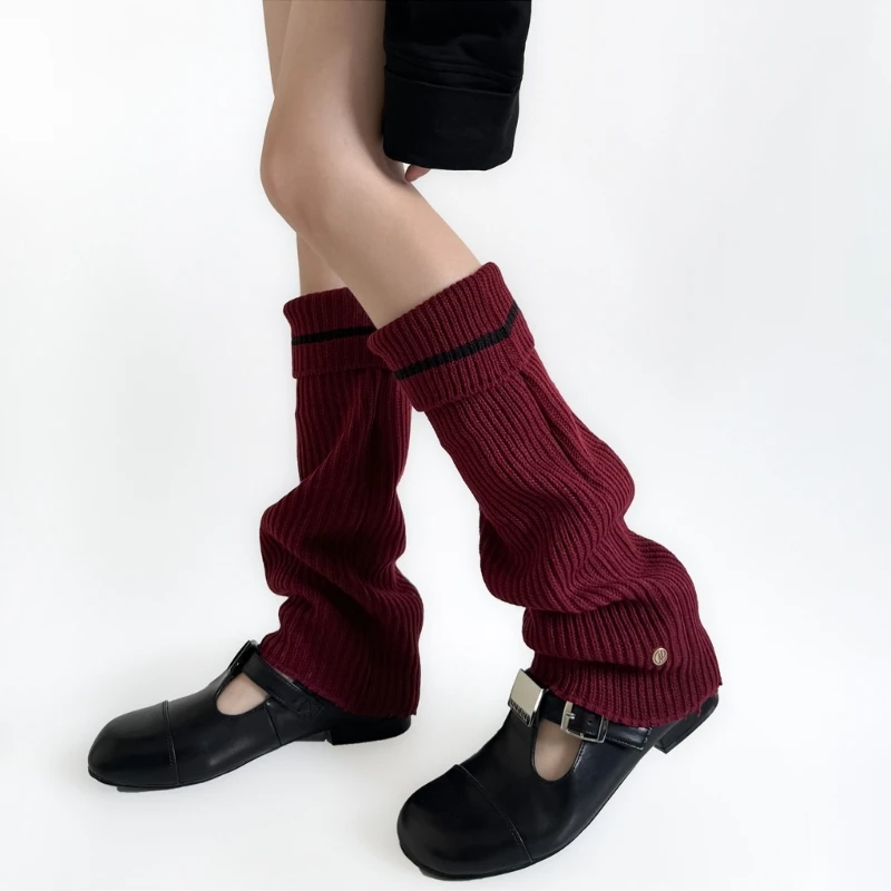 Women Rib Knit Turn Cuffs Foot Cover with Metal Button Harajuku Leg Warmer Socks