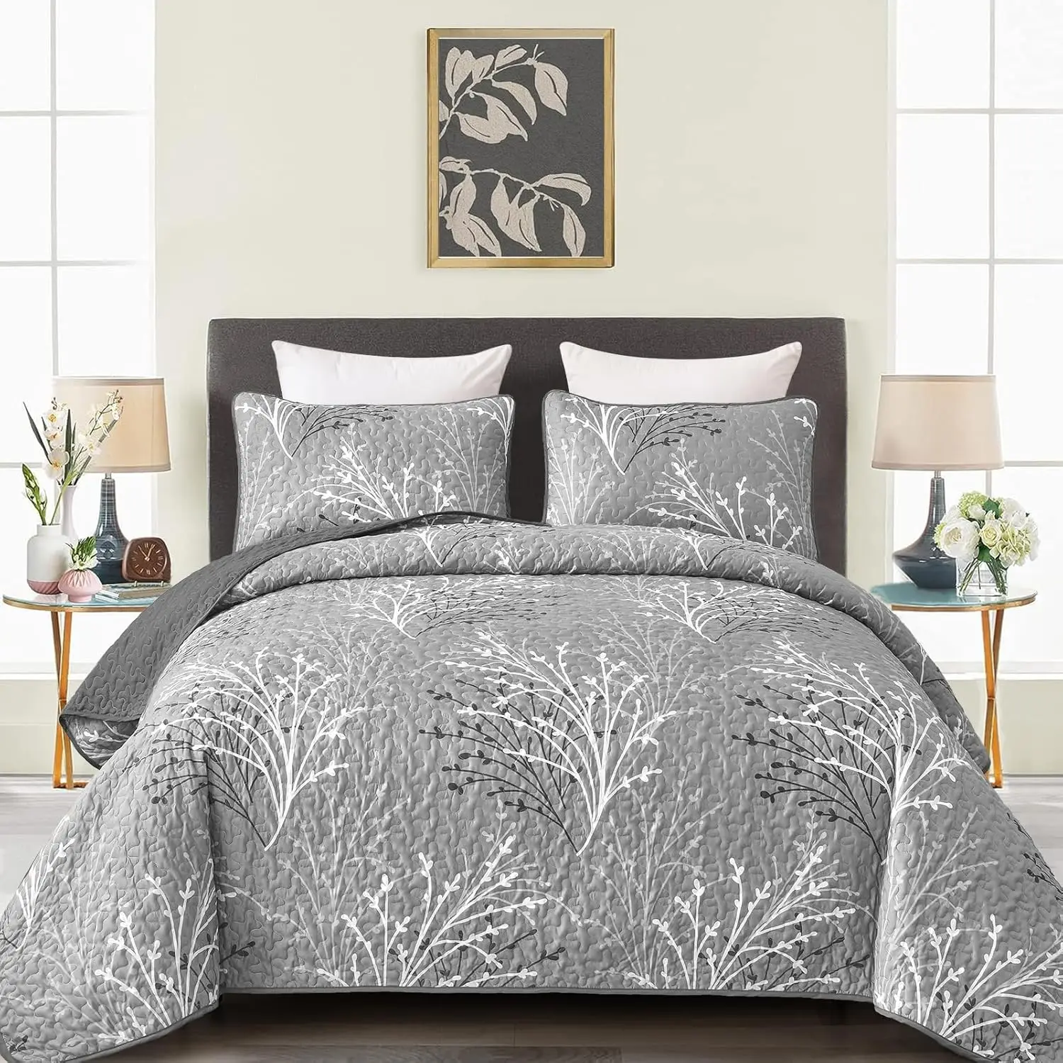 

Grey Botanical Quilt Set King Size - 3-Piece Reversible Bedspread, Soft Microfiber for All Seasons, 110''x90''