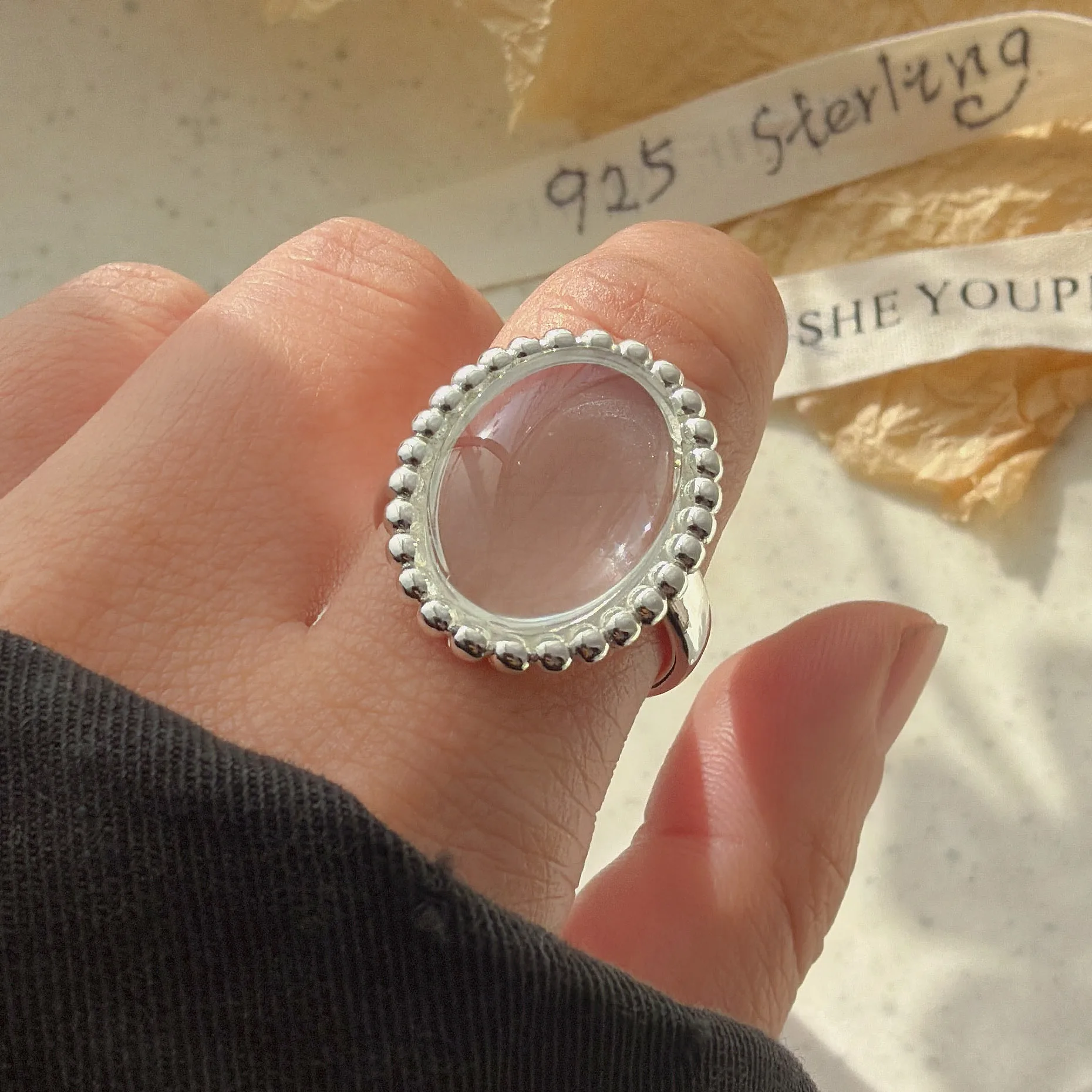 925 Sterling Silver Rings for Women Couple Minimalist Handmade Simple Oval Stone Ring Fine Jewelry Gift Prevent Allergy