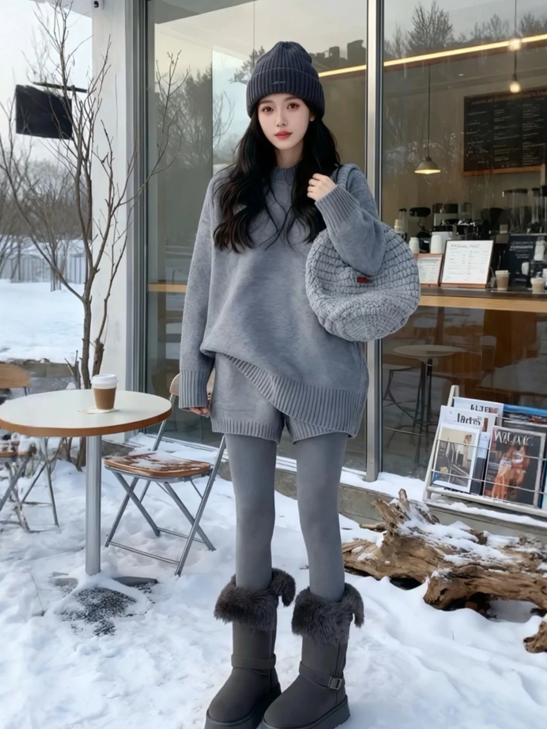 

Корейский вязаный комплект в стиле Lazy Style для женщин: серый свободный свитер с круглым вырезом и шорты с высокой талией для коррекции фигуры, повседневный комплект из двух предметов.