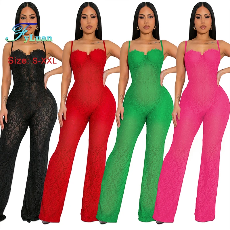 新しいシックな女性のレースノースリーブサスペンダーワイドレッグパンツ無地シアーメッシュセクシーなフォーマルな機会宴会レディースロンパースパンツ
