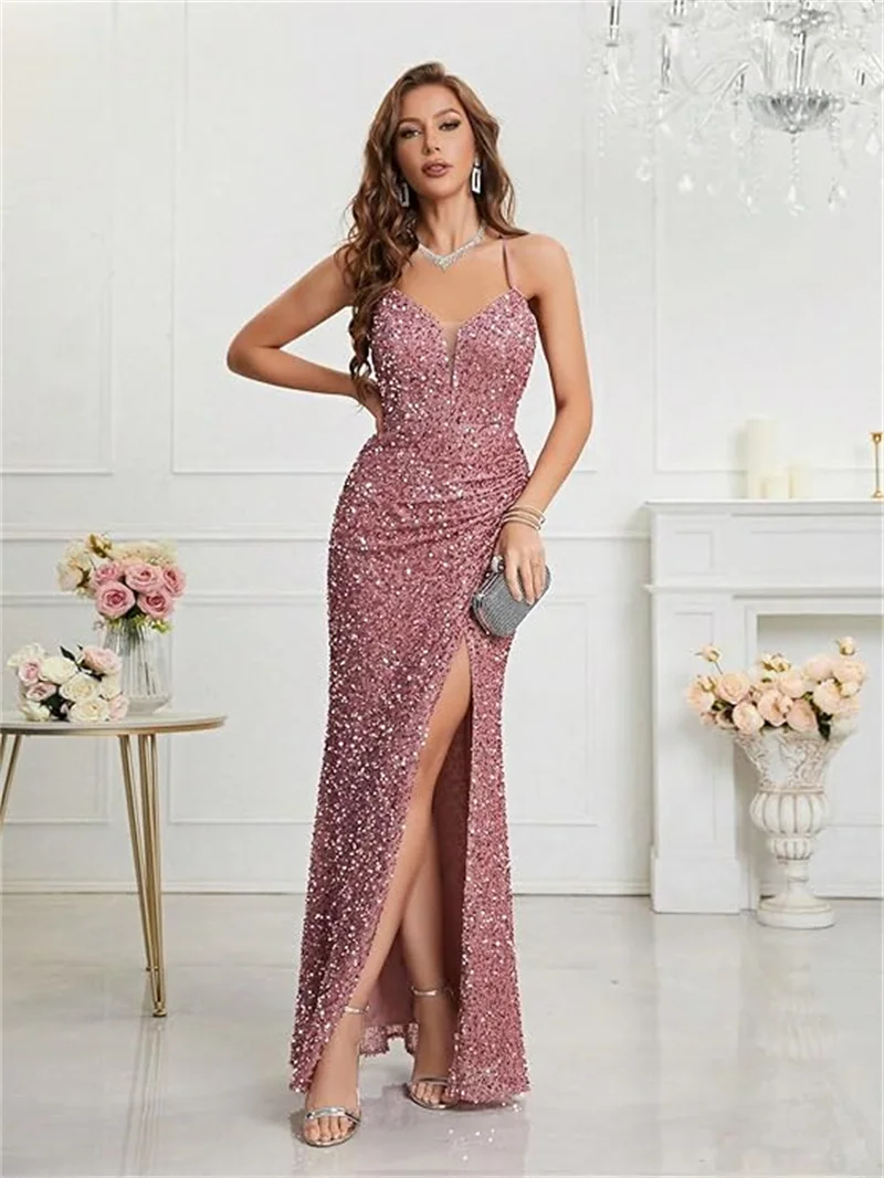 

Платье для выпускного вечера с открытой спиной и блестками по индивидуальному заказу, женское сексуальное облегающее платье с v-образным вырезом и пайетками, длинные вечерние платья русалки