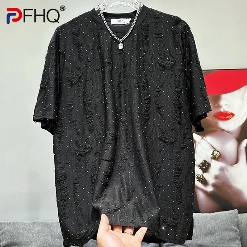 PFHQ Summer Perforated Hollow Men's Tops Hot Drill Short Sleeved Personality Trendy Round Neck T-shirt Casual Versatile 21Z4680