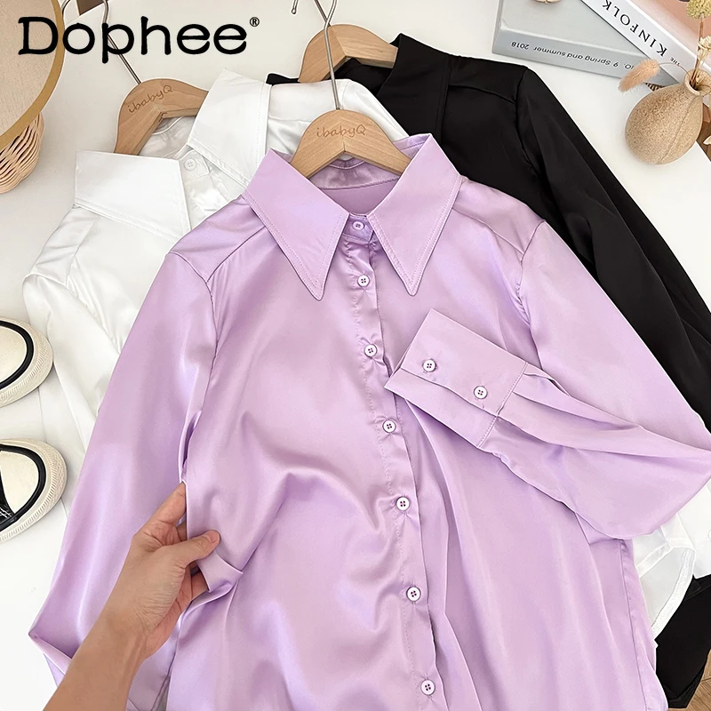 

Casual Polo Pointed Collar Satin Single-Breasted Long Sleeve Blouse Women Loose Slim Fit Sweet Candy Color Shirt Autumn Camisas