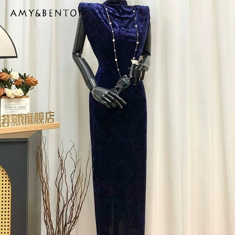 

Navy Blue Turtleneck Wide Shoulder Velvet Women's Dress 2026 Summer Thin Slimming High Waist Temperament Long Dresses Ladies