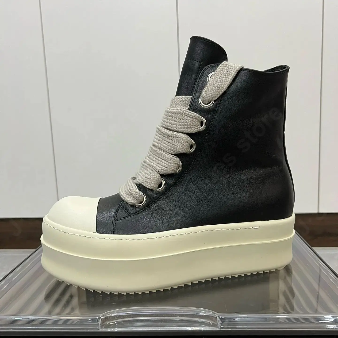 

Ricks Men Shoe Ankle Boot Women Sneaker Owens High Top Casual Shoes Jumbo Laces 6cm Thick Sole Shoe Black Leather Sneakers Boots