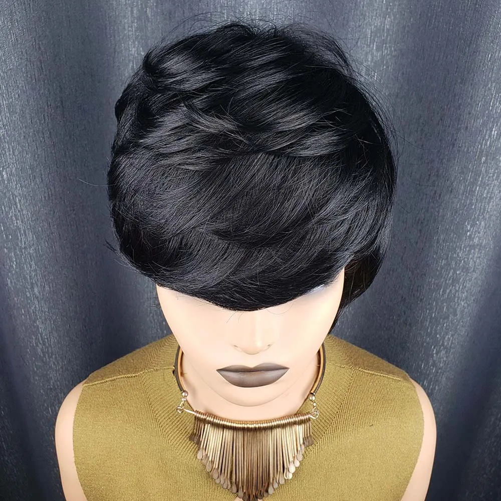 Pixie Cut Wigs for Black Women Human Hair Short Layered Wigs Full Machine Made Natural Wig with Bangs