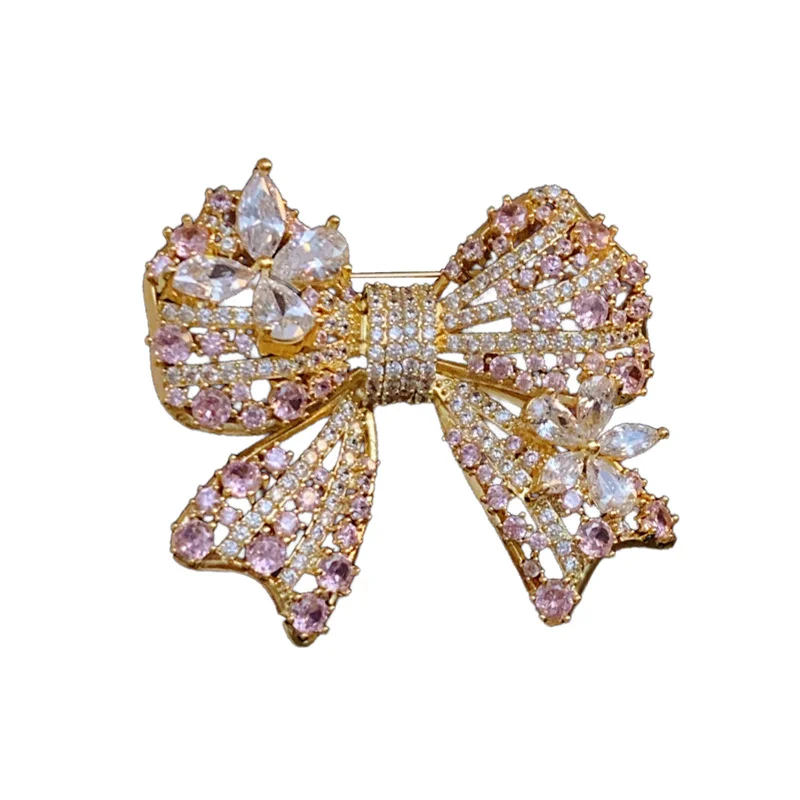 Full Zircon Bowknot Brooch for Women Girls Hollow French Palace Style Luxury Sparking Zirconia Brooches Label Pin Gift