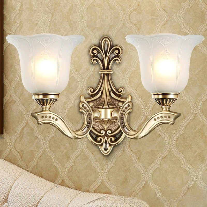 European-style Simple Copper Glass Wall Lamp Bedroom Bedside Lamp Living Room Background Wall Corridor Lighting Decoration