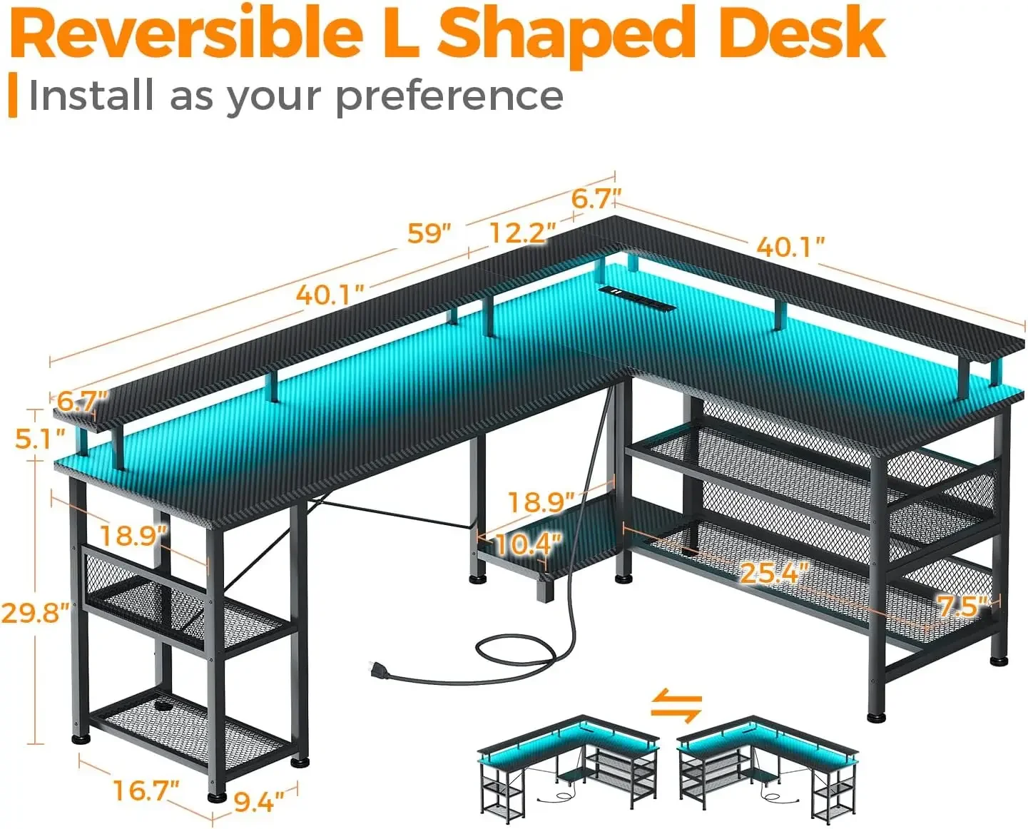 HongK-Bureau de jeu en forme de L avec prise de courant et lumières LED, table de jeu PC, ports USB, bureau en forme de L réversible, 59 po