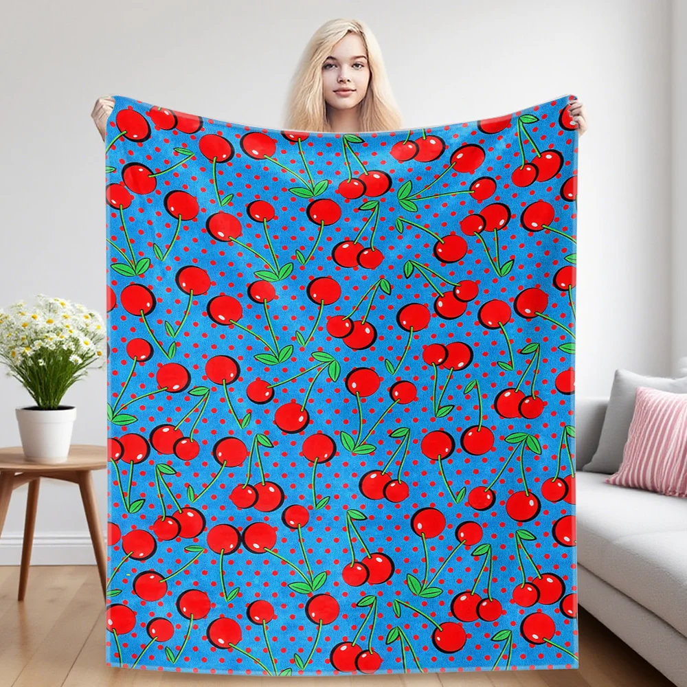 Blue Polka Dot Cherries  Sofa Specific Soft Flannel Blanket, Universal Plush Gift Blanket For All Seasons